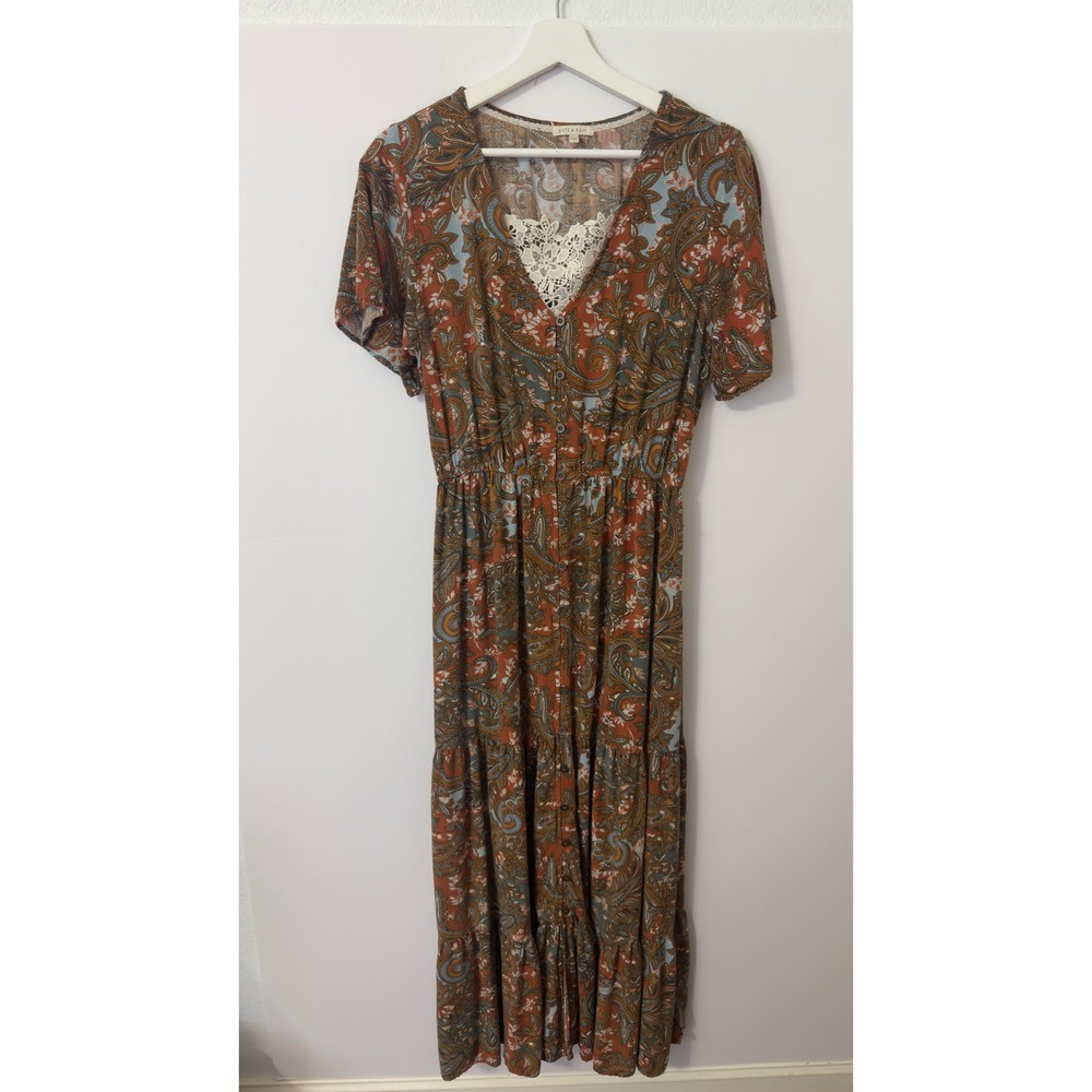 Kate & Sam Paisley Maxi Dress M Rust Blue Boho Lace Tiered Hippie Boho Cottage